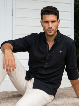KUONS AVENUE - Men's Black Button Down Collar Tencel Linen Shirt