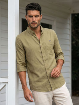 KUONS AVENUE - Men's Light Olive Button Down Collar Tencel Linen Shirt