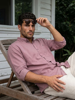 KUONS AVENUE - Men's Nude Pink Button Down Collar Tencel Linen Shirt