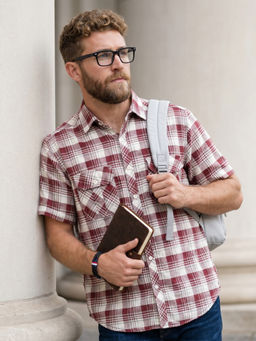 KUONS AVENUE - Men's Cream and Burgundy Cotton Dobby Checks Casual Shirt