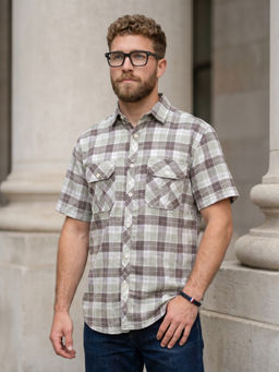 KUONS AVENUE - Men's Grey and Beige Cotton Dobby Checks Casual Shirt