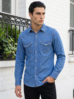 Southbay - Men's Solid Blue Regular Fit Denim Shirt