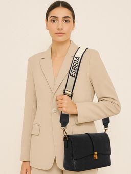 ESBEDA - Black Pu Textured Handbag with Detachable Handle and Strap