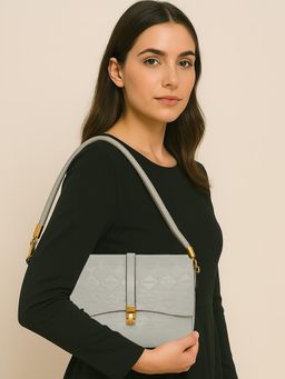 ESBEDA - Grey Pu Textured Handbag with Detachable Handle, Detachable Strap