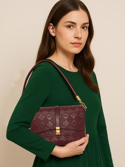 ESBEDA - Maroon Pu Textured Handbag with Detachable Handle and Strap