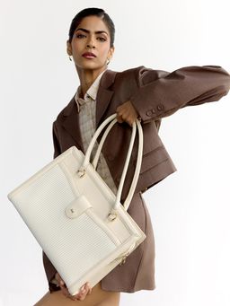 HIE - Off White Vegan Leather Stripes Handbag