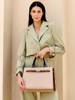 HIE - Beige Vegan Leather Solid Handbag with Detachable Strap