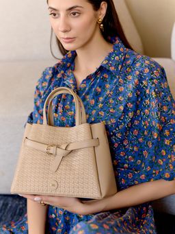 HIE - Beige Vegan Leather Textured Handbag with Detachable Strap