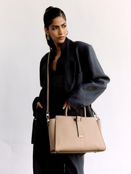 HIE - Beige Vegan Leather Solid Handbag with Detachable Strap