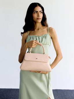 HIE - Beige Vegan Leather Solid Handbag with Detachable Strap