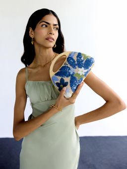 HIE - Navy Blue Wood Embellished Handheld Bag with Detachable Chain Strap