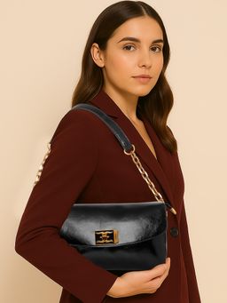 ESBEDA - Black Pu Solid Handbag with Detachable Handle, Detachable Strap