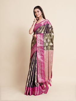 Mimosa - Women Traditional Ussi Kanjivaram Art Silk Navy Blue Saree with Unstitched Blouse