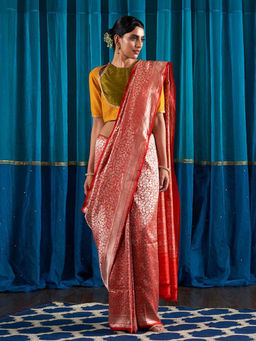 WeaverStory - Handloom Bridal Pure Katan Silk Kimkhab Banarasi Saree with Minakari