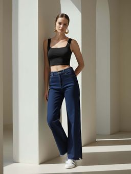 KASSUALLY - Blue Wide Leg Mid-Rise Low Distress Jeans