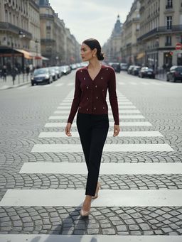 KASSUALLY - Women Burgundy Pineapple Embroidered Cardigan