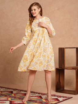 FASHOR - Floral Printed A-Line Paneled Knee Length Dress