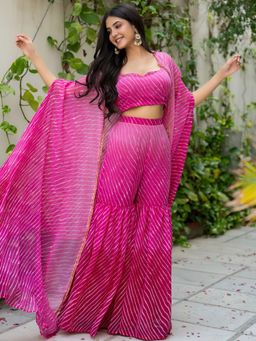 HOUSE OF JAMOTI - Gulabi Leheriya Women Blouse with Sharara and Cape