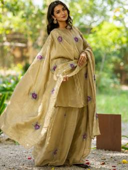 HOUSE OF JAMOTI - Beige Gul rose Tissue Kurta with Palazzo & Dupatta