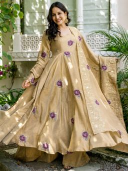 HOUSE OF JAMOTI - Beige Shireen Tissue Anarkali Kurta with Palazzo and Dupatta