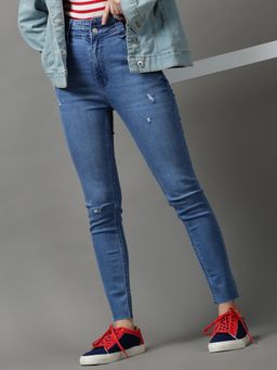 SHOWOFF - Womens Low Distress Skinny Fit Blue Denim Jeans