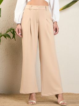 Magre - Women Flex Fit Solid Beige Wide Leg Mid Rise Trouser