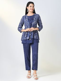 SHOWOFF - Women Navy Blue Printed Co-Ord with Overcoat (Set of 3)
