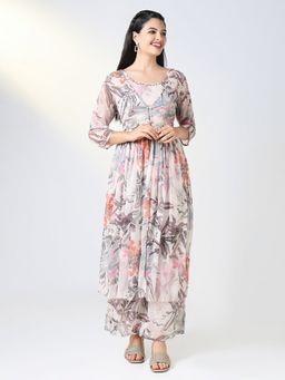 SHOWOFF - Women Grey Printed Top & Palazzo with Overcoat (Set of 3)