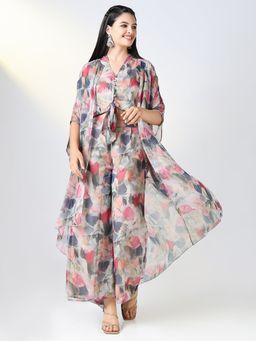 SHOWOFF - Women Grey Printed Top & Palazzo with Overcoat (Set of 3)