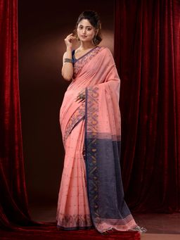 CHARUKRITI - Peach Cotton Handspun Ethnic Motifs and Jamdani Borders Saree with Unstitched Blouse