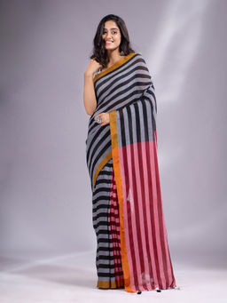CHARUKRITI - Black and Red Stripes Pure Cotton Handwoven Soft Saree with Unstitched Blouse