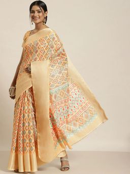 Odette - Women Gold Silk Blend Printed Saree with Unstitched Blouse