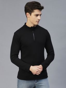 RIGO - Men Black Henley Neck Full Sleeves Waffle Knit T-Shirt