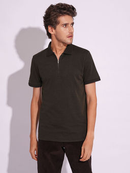 Selected - Brown Organic Cotton Zipped Polo T-Shirt
