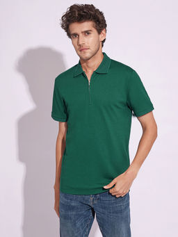 Selected - Green Organic Cotton Zipped Polo T-Shirt