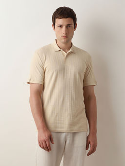 Selected - Beige Organic Cotton Jacquard Polo T-Shirt