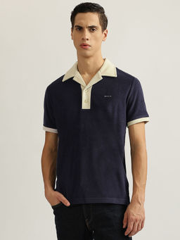 GANT - Men Navy Blue Solid Collared Short Sleeves Polo T-Shirt