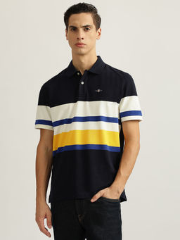 GANT - Men Navy Blue Striped Collared Short Sleeves Polo T-Shirt