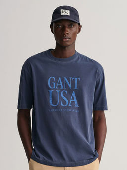 GANT - Men Blue Typography Round Neck Short Sleeves T-Shirt