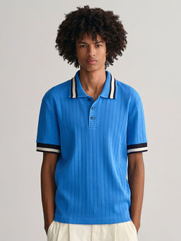 GANT - Men Blue Striped Short Sleeves Polo T-Shirt