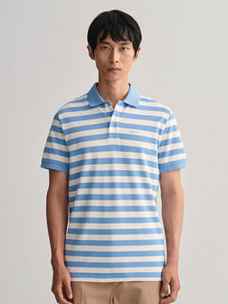 GANT - Men Blue Striped Short Sleeves Polo T-Shirt