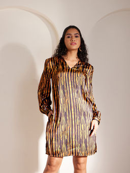 FableStreet - FS X PF Satin Abstract Print Dress - Black and Gold
