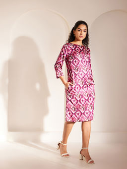 FableStreet - FS X PF Ikkat Print Boat Neck Dress - Pink And Purple