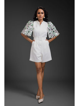 Deepika Arora - White Chic Embellished Playsuit and Belt (Set of 2)