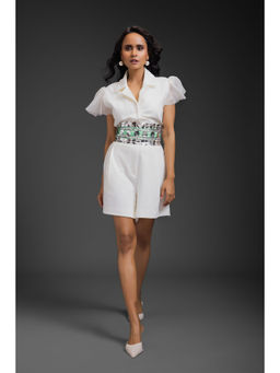Deepika Arora - White Chic Embellished Playsuit and Belt (Set of 2)