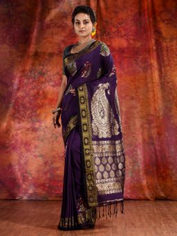 CHARUKRITI - Purple Linen Handwoven Soft Saree with Copper Zari and Unstitched Blouse