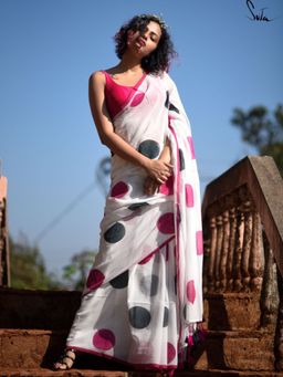 Suta - White & Pink Polka Dots Pure Cotton Saree without Blouse