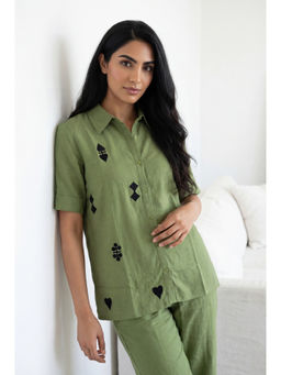 SANSKRUTIHOMES - Green Pure Cotton Shirt Collar Co-Ord Set