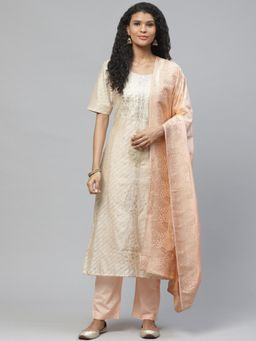 Readiprint - Beige Chanderi Unstitched Dress Material (Set of 3)