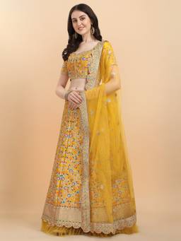 Amrutam Fab - Womens Bridalwear Yellow Color Silk Embroidery Work Lehenga Choli (Set of 3)